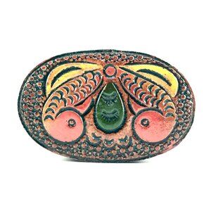 hand tooled leather trinket box butterfly moth folk art keepsake jewelry oval